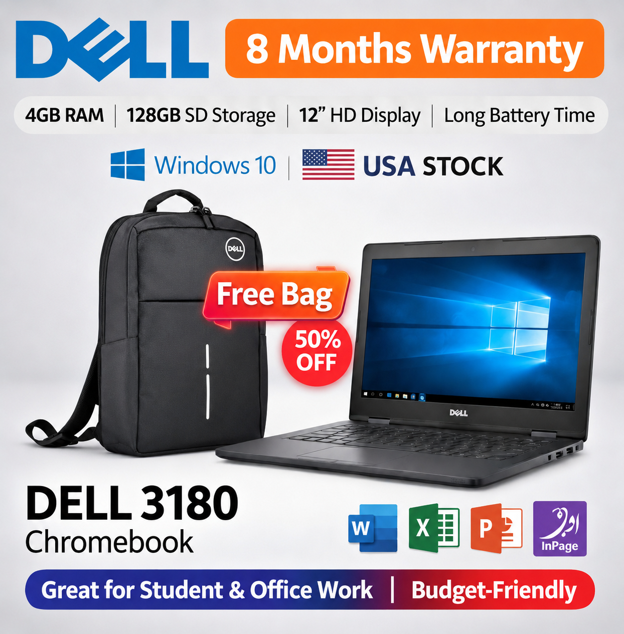 Dell 3180 Chromebook With Bag – 4GB RAM | 16GB SSD , 128GB SD Storage, Lightweight Laptop for Students, Online Classes & Office Work