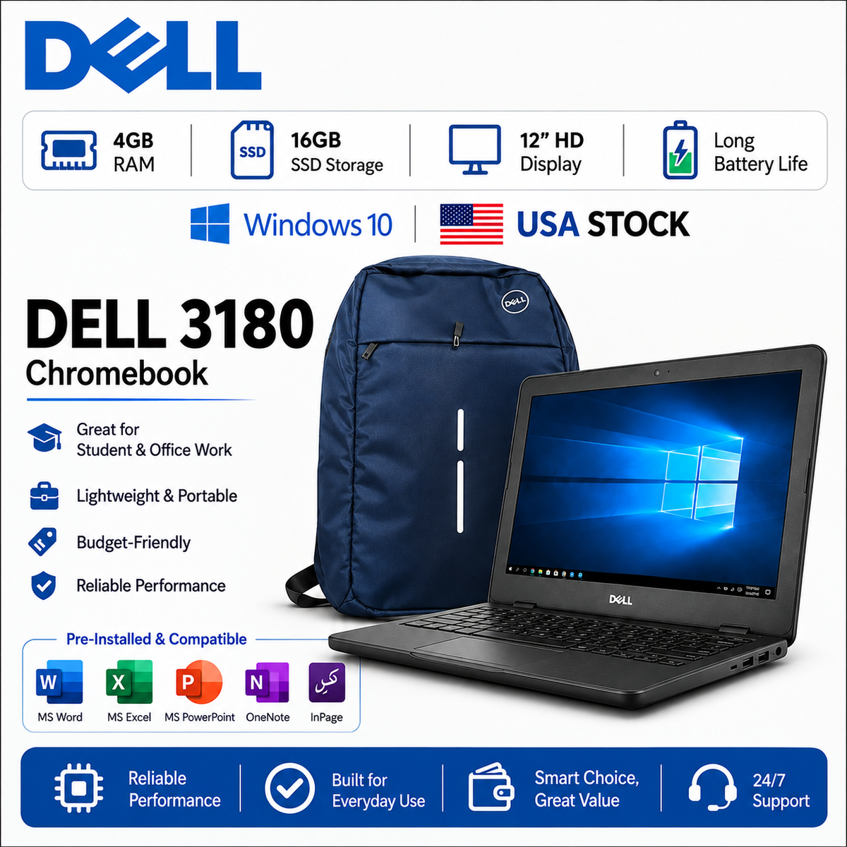 Dell 3180 Chromebook With Bag – 4GB RAM | 16GB SSD Storage, Lightweight Laptop for Students, Online Classes & Office Work