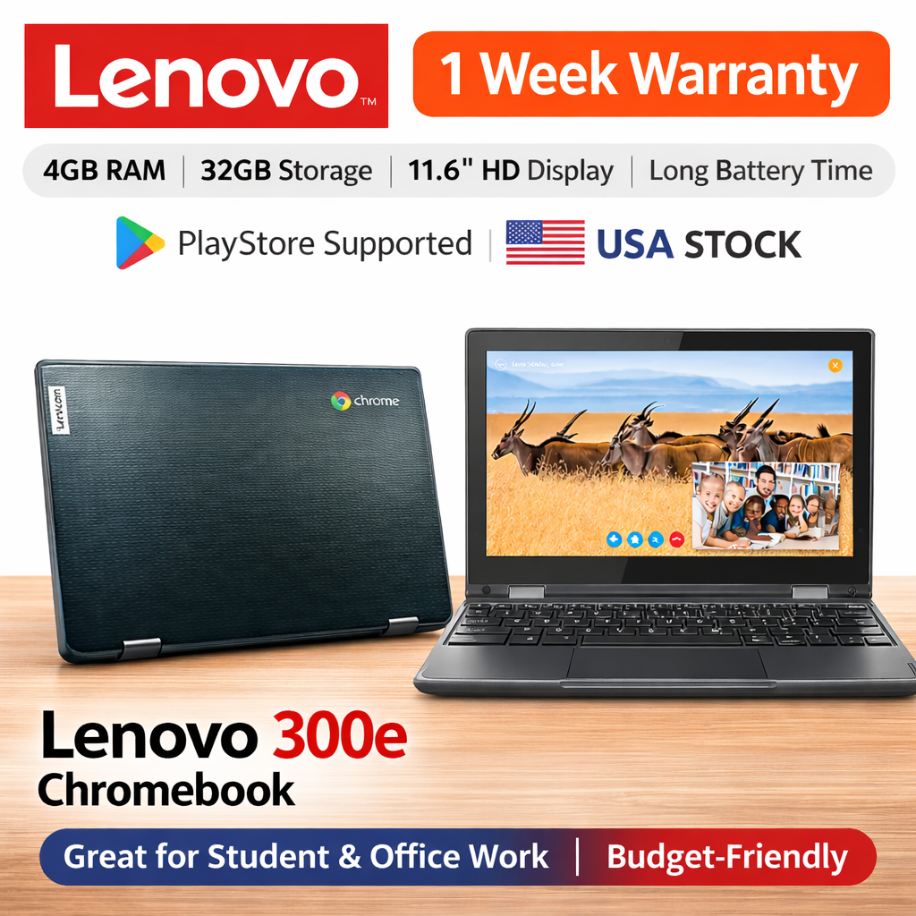 Lenovo 300e Non Touch Chromebook 4GB RAM 32GB SSD 12" HD | Play Store Supported | USA Stock