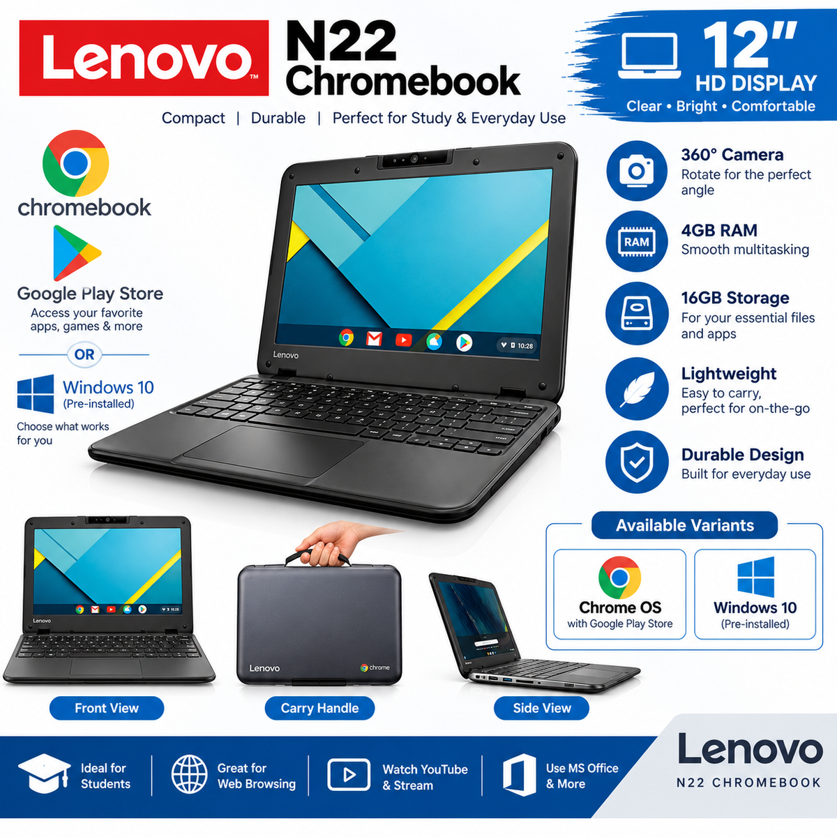 Lenovo N22 Chromebook 12 Inch HD Display, 4GB RAM, 16GB Storage, 360° Camera with Free Bag