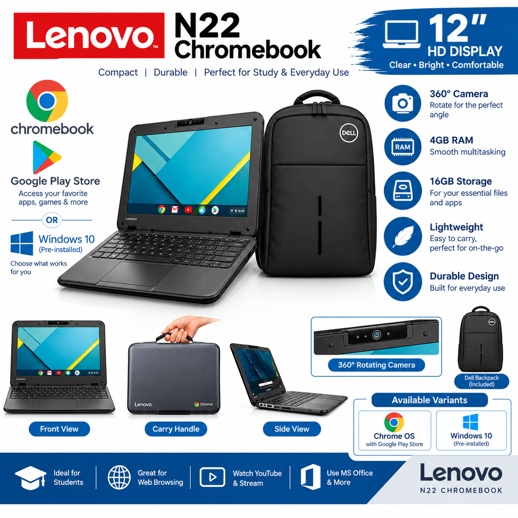 Lenovo N22 Chromebook 12 Inch HD Display, 4GB RAM, 16GB Storage, 360° Camera with Free Bag