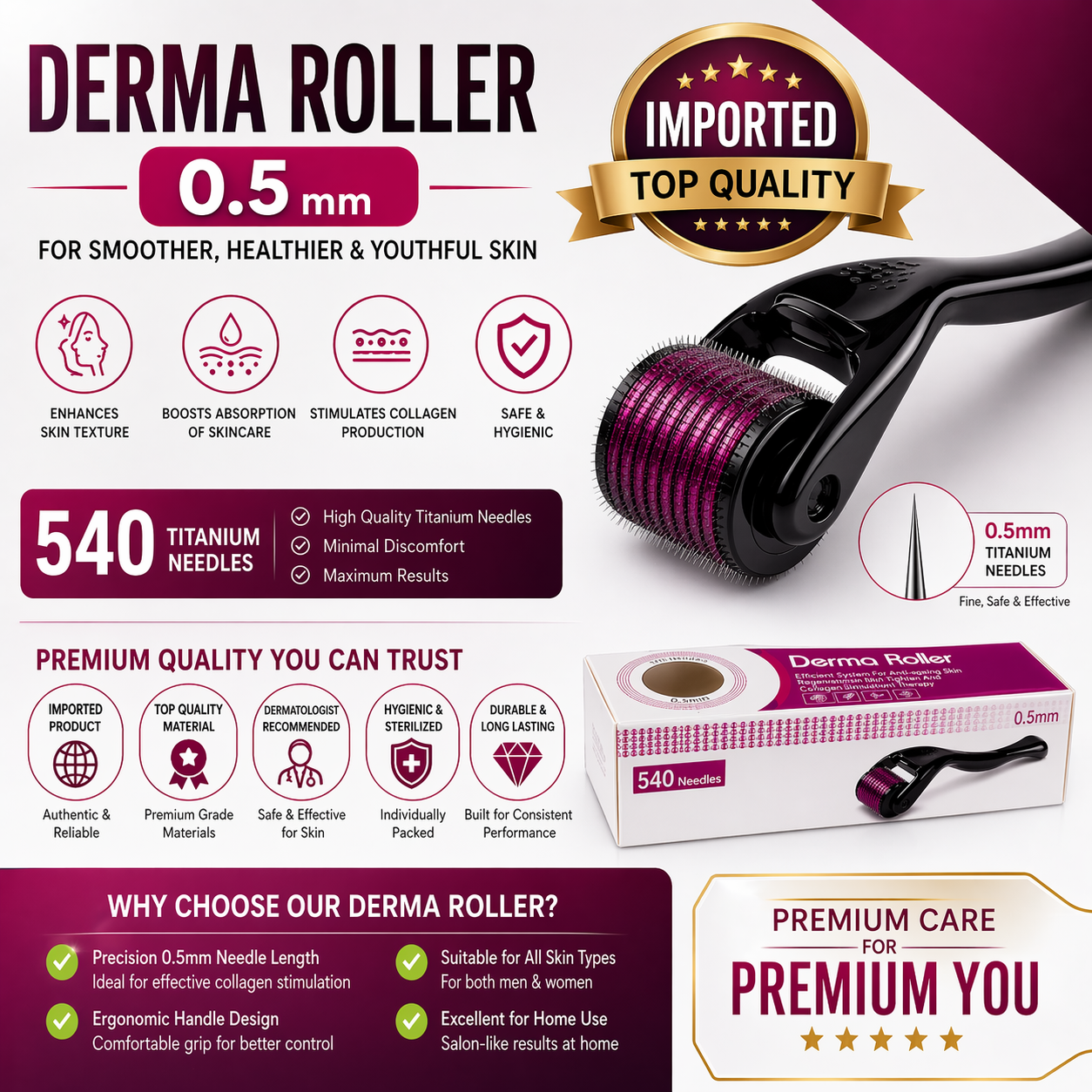 0.5mm Titanium Derma Roller 540 Needles – Microneedling Roller for Face, Beard & Hair Growth | Premium Imported Quality