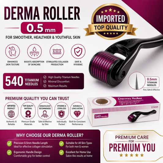 0.5mm Titanium Derma Roller 540 Needles – Microneedling Roller for Face, Beard & Hair Growth | Premium Imported Quality