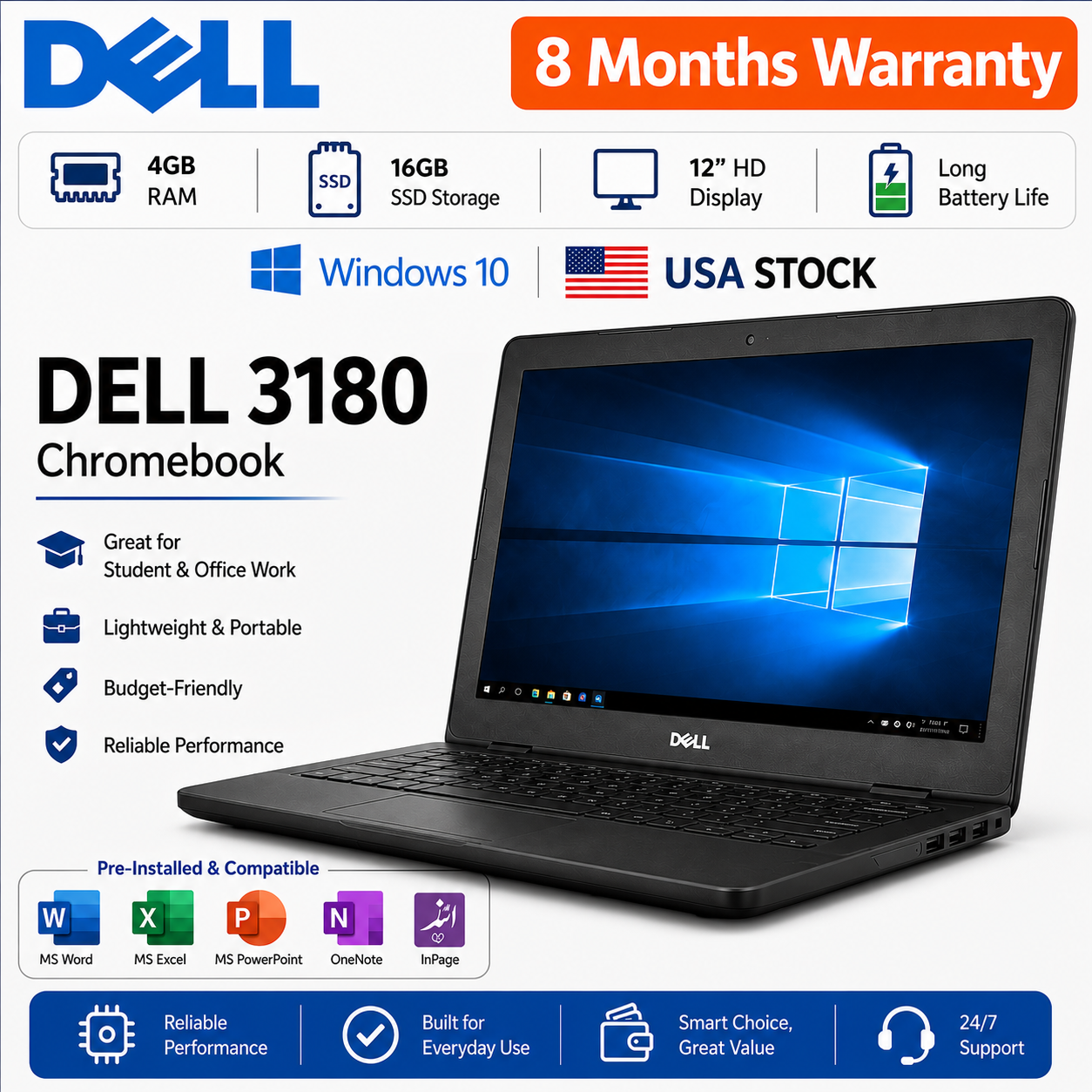 Dell 3180 Chromebook With Bag – 4GB RAM | 16GB SSD Storage, Lightweight Laptop for Students, Online Classes & Office Work