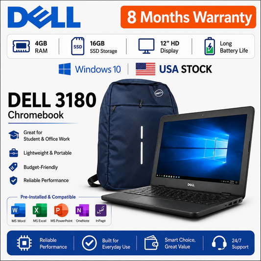 Dell 3180 Chromebook With Bag – 4GB RAM | 16GB SSD Storage, Lightweight Laptop for Students, Online Classes & Office Work