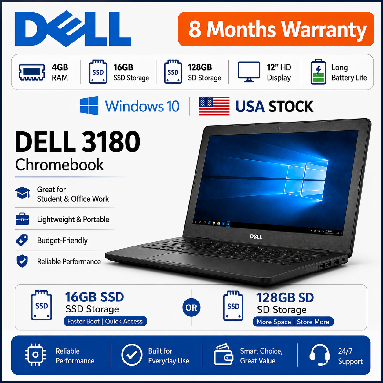 Dell 3180 Chromebook With Bag – 4GB RAM | 16GB SSD , 128GB SD Storage, Lightweight Laptop for Students, Online Classes & Office Work