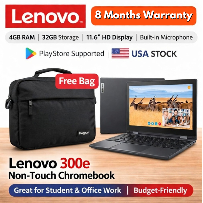 Lenovo 300e Non Touch Chromebook 4GB RAM 32GB SSD 12" HD | Play Store Supported | USA Stock