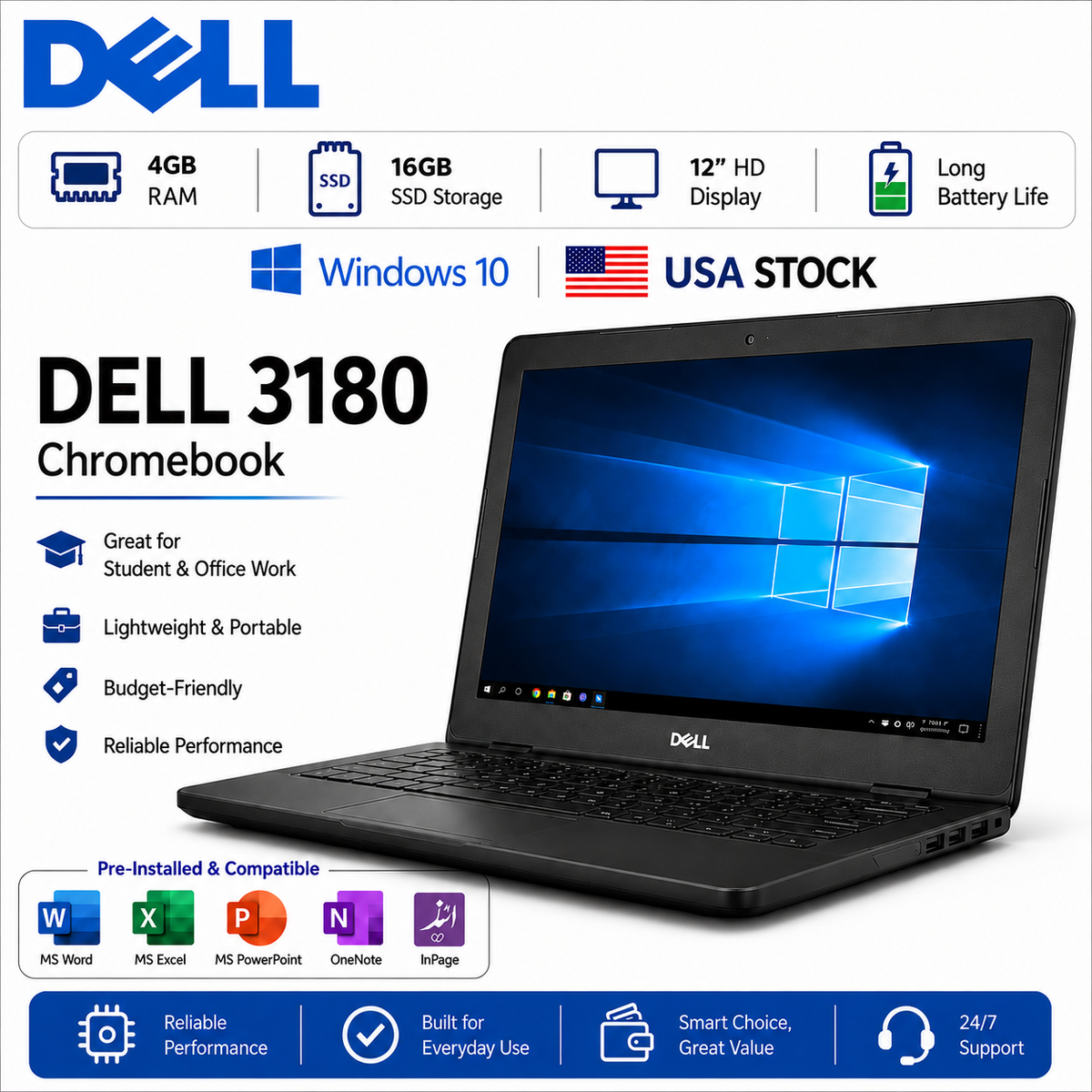 Dell 3180 Chromebook With Bag – 4GB RAM | 16GB SSD Storage, Lightweight Laptop for Students, Online Classes & Office Work