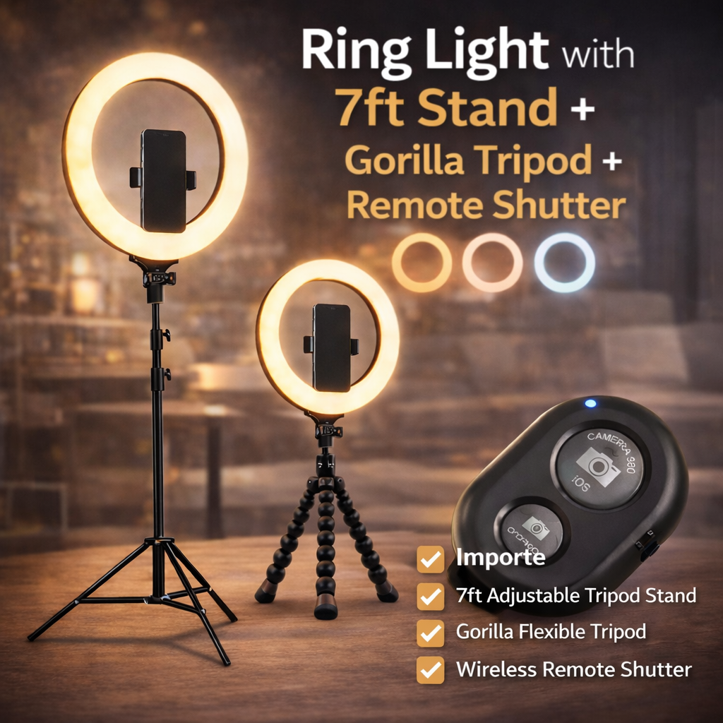 Top quality remote shutter Ring Light with 7ft Aluminium Tripod Stand & Mobile Stand Holder (3 Shades in Light) | Ring Light with Stand (Copy)